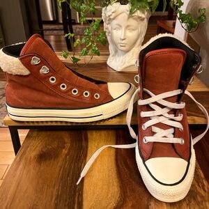 Converse Burgundy High-Top Suede & Leather Sneakers with Sherpa Top